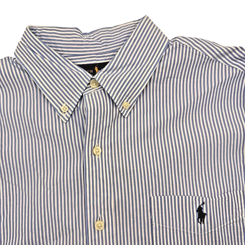 Ralph Lauren Men's Large Seersucker Blue‎ White Striped Button Down Pockets S/S
